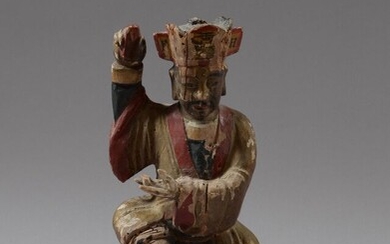 CHINE. Bois avec restes de polychromie Statue du dieu taoïste Li Qifeng debout, à l'allure...