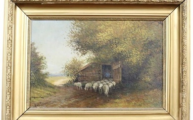 CONTINENTAL SCHOOL (19th century). Rural Landscape with Sheep, Oil on board. Indeciphrable signature