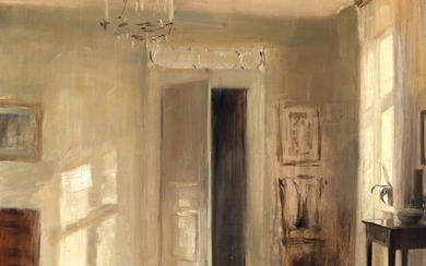 Carl Holsøe: Sunlit interior with an open door. Signed C. Holsøe. Oil on canvas. 55×53 cm.