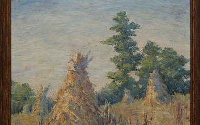 Carrie Hill (American/Alabama, 1875-1957) , "Sunny Landscape with Haystacks", oil on board, signed