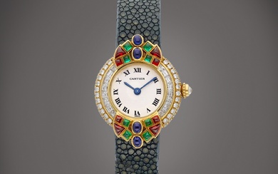 Cartier Colisee | A possibly unique yellow gold, diamond and multi-coloured gem-set wristwatch, Circa 1990 | 卡地亞 | Colisee | 應為獨一無二黃金鑲鑽石及多彩寶石腕錶，約1990年製
