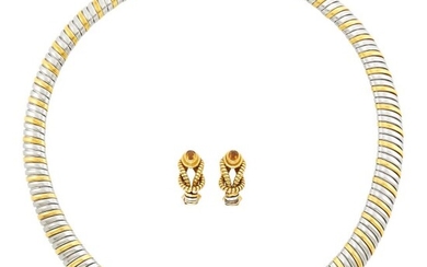 Cartier Gold, Stainless Steel and Citrine 'Hercules Knot' Necklace and Pair of Earclips