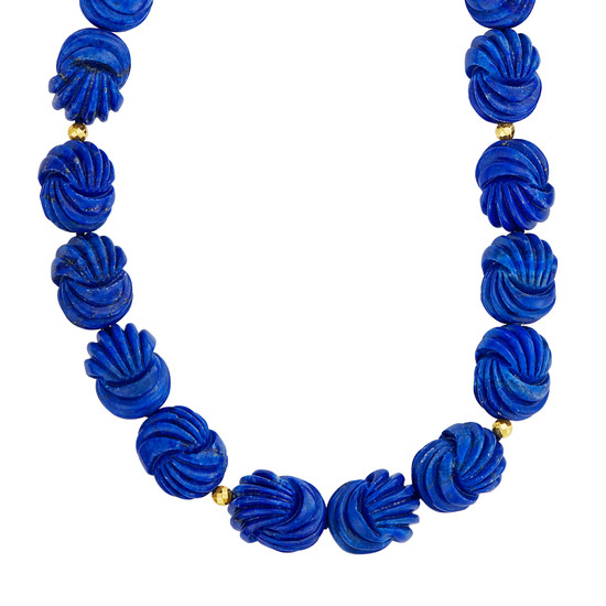 Carved Lapis Bead Necklace with Gilt-Metal Magnetic Clasp
