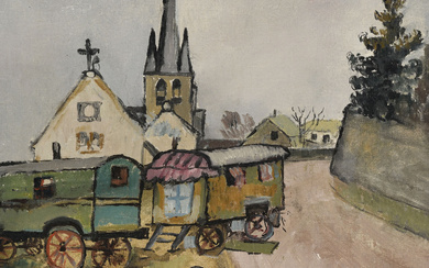 Celso Lagar (1891-1966), Personnages de cirque dans un village de Normandie, huile sur toile, signée, 44x36,5 cmProvenance: Crane Kalman Ga