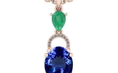 Certified 5.36 Ctw VS/SI1 Tanzanite,Emerald And Diamond 14K Rose Gold Vintage Style Necklace