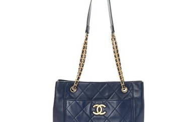 Chanel Calfskin Quilted CC Front Pocket Shopping Tote Navy
