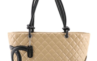 Chanel Cambon Ligne Tote Bag in Beige Quilted and Smooth Black Leather
