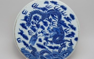 Chinese Blue & White Porcelain Dragon Plaque