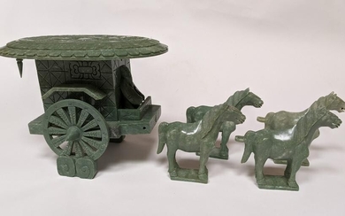 Chinese Carved Hardstone Wagon with Horses