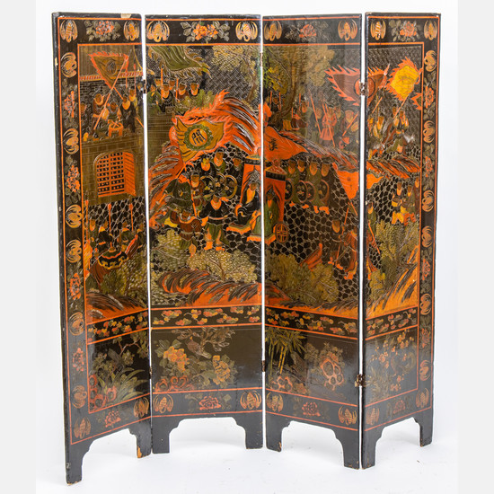 Chinese Lacquered 4 Panel Floor Screen