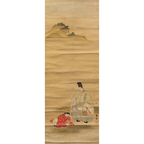 Chinese hand painted wall hanging scroll depicting two figur...