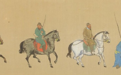 Chinese horsemen. After a Song Dynasty painting. Gouache on silk. 20th century....