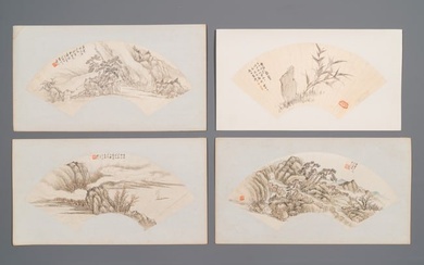 Chinese school: Four fan-shaped paintings, ink and colour on paper, signed Bosheng ???, 19/20th