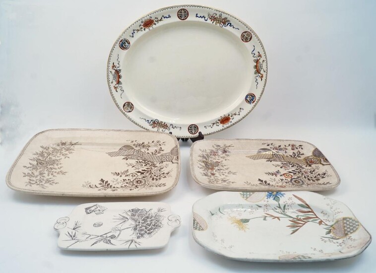Christopher Dresser, two Aesthetic Movement 'Hampden' ceramic platters by Old Hall, each decorated with Japonesque motifs, larger 41.5cm x 30cm, smaller 36.5 x 26.5cm, together with a Wedgwood oval platter, a Ridgeway pottery octagonal dish and a...