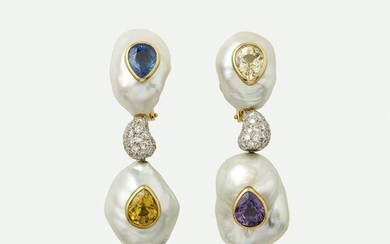 Christopher Walling, Baroque pearl, sapphire earrings