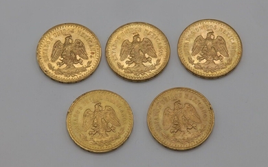 Cinq pièces de 50 pesos en or jaune - 208,48 g