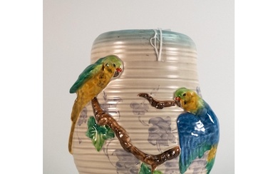 Clarice Cliff Embossed Budgerigar patterned ribbed vase, hei...