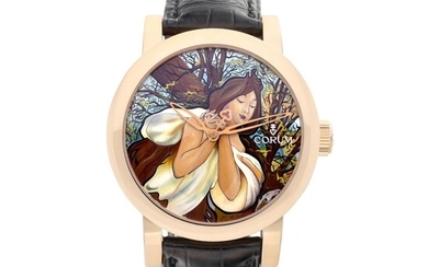 Classical Mucha | Spring A limited edition pink gold wristwatch with hand-painted miniature on mother-of-pearl dial, Circa 2008 | 崑崙 | Classical Mucha Spring | 限量版粉紅金腕錶，備手工微繪珠母貝錶盤，約2008年製 | , Corum