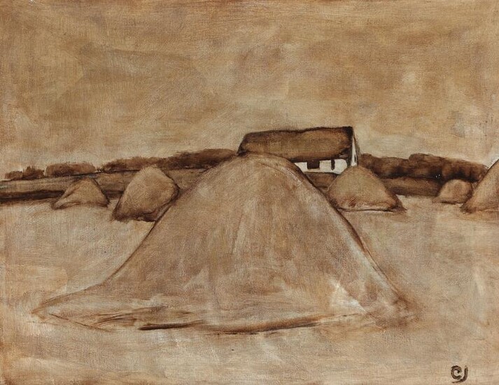 SOLD. Claus Johansen: Landscape with haystacks. Signed CJ. Oil on canvas. 51 x 67 cm. – Bruun Rasmussen Auctioneers of Fine Art