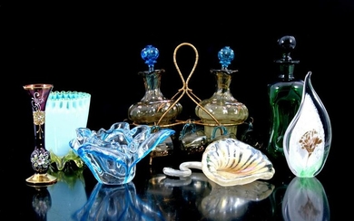 Colored glass vase, etc.