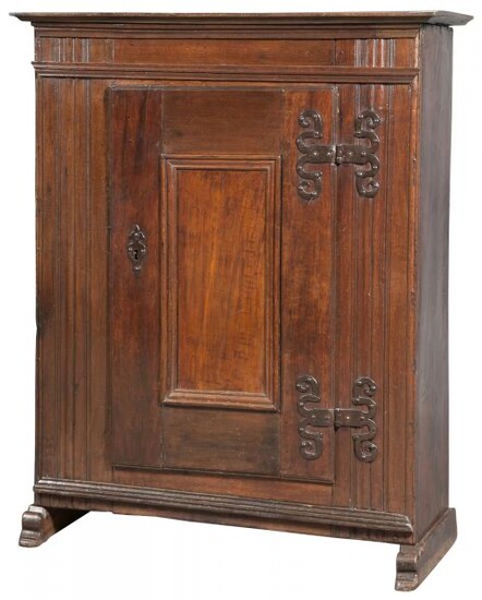 Continental Oak and Iron-Mounted Cupboard Possibly Flemish, 17th Century and later The rectangular top with molded corni...