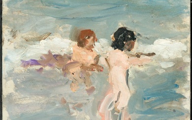 Croquis d'enfants sur la plage sur carton, signé Vives Maristany, école catalane du XIXe siècle...