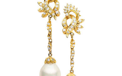 Cultured Pearl, Diamond, Gold Earrings Stones: Single-cut diamonds weighing...
