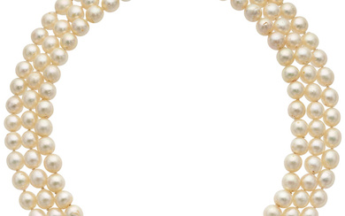 Cultured Pearl, Diamond, Gold Necklace Stones: Full-cut diamonds weighing...