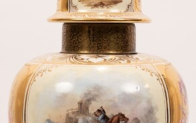 DRESDEN PAINTED PORCELAIN COVERED URN, C 1900 H 20", DIA 10"