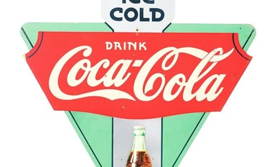 DRINK COCA-COLA ICE COLD SINGLE-SIDED MASONITE SIGN W/ BOTTLE ATTACHMENT