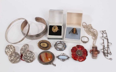 Danish silver and red enamelled flower brooch, two silver bangles, four silver buttons, other silver and white metal jewellery and 9ct gold citrine ring