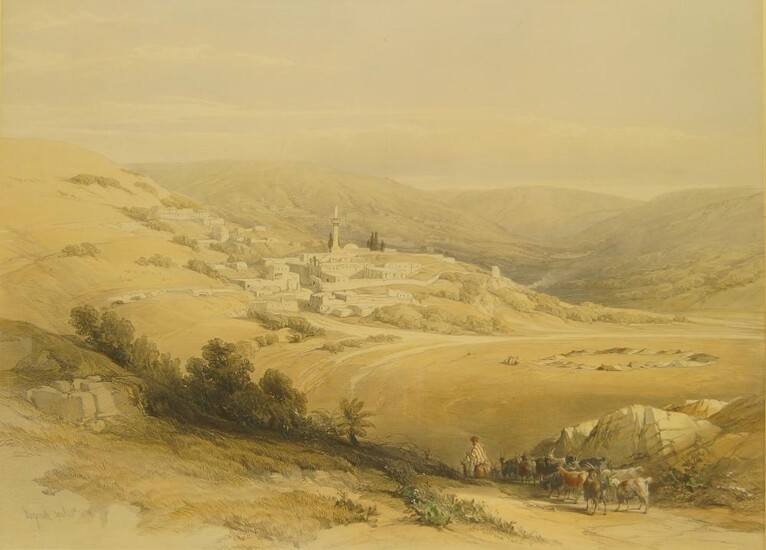 David Roberts, RA, Scottish 1796-1864- General view of Esouan and the Island of Elephantine; and Nazareth April 28th 1839; hand-coloured lithographs, two, each signed and titled within the plate, the first 33.5 x 53.4 cm, the second 35.5 x 52 cm (2)
