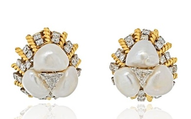 David Webb Platinum & 18K Yellow Gold Diamond Pearl Dome Style Clip On Earrings