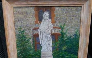 Details about +Old Oil Painting "Madonna w/Child Statue