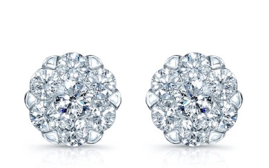 Diamond Cluster Stud Earrings In 18k White Gold - 1/2 Pair
