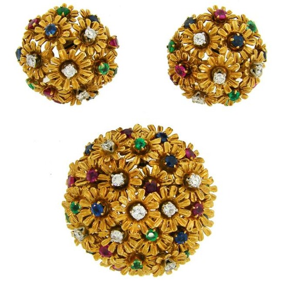Diamond Gems Yellow Gold Earrings and Pin Brooch Clip