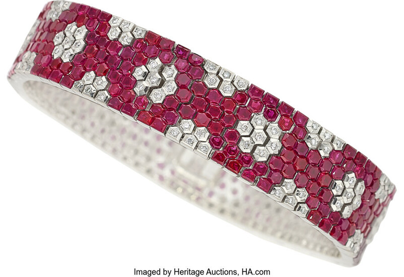 Diamond, Ruby, White Gold Bracelet Stones: Hexagonal-shaped rubies; full-cut...