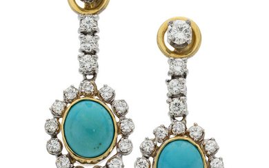 Diamond, Turquoise, Gold Earrings Stones: Full-cut diamonds weighing a...