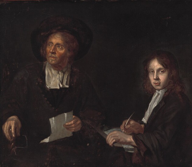 Dutch school, 17th century: Interior with two clerks. Unsigned. Oil on canvas. 97×114 cm.