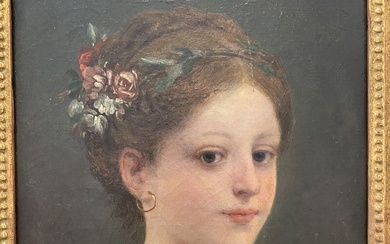 ECOLE FRANCAISE DU XIXe SIECLE Portrait de jeune fille à la coiffe de fleurs Huile...