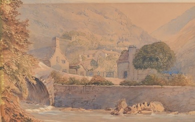 Early 19th century British school watercolor landscape. Titled and monogram lower right. Falls of