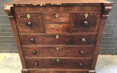 Early Victorian Mahogany Chest of Seven Drawers, with two cross-banded hat drawers, two short & three long drawers, flanked by pilas...