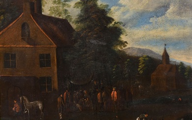 École hollandaise du 17e siècle. Figures à l'extérieur d'une taverne, huile sur cuivre, 23,5 x...