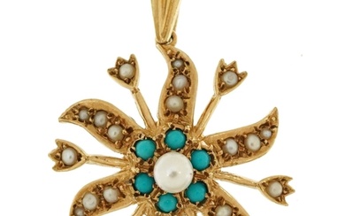 Edwardian style 9ct gold seed pearl and turquoise starburst ...