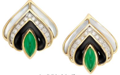 Elan Diamond, Chalcedony, Black Onyx, Mother-of-Pearl, Gold Earrings Stones:...