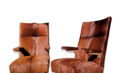 Elegant Mid Century Modern Cantilever Rockers with Luxurious Cowhide Upholstery...