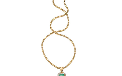 Emerald, Diamond, Gold Pendant-Necklace The cross pendant features emerald-cut...