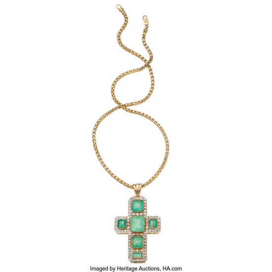 Emerald, Diamond, Gold Pendant-Necklace The cross pendant features emerald-cut...