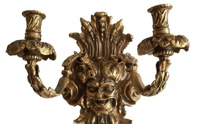 Empire Style Bacchus Face 24-Karat Gold Dore Bronze Candle Wall Sconce Pair