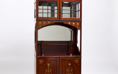English Arts and Crafts Inlaid Mahogany Vitrine Cabinet, Shapland & Petter, Barnstaple, c.1900